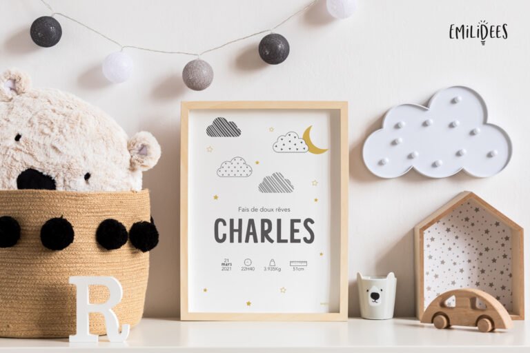 Stylish and modern scandinavian newborn baby interior with mock up photo or poster frame on the white shelf. Wooden toys, teddy bear, cup and hanging cotton lamps and star. Template. Blank. Real photo